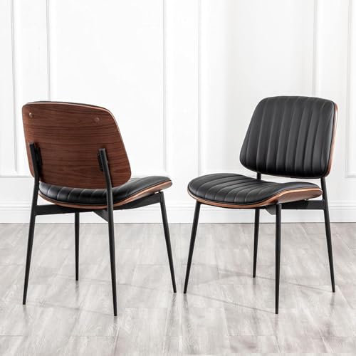 LUNLING Dining Room Chairs Mid Century Modern Retro Black Faux Leather Chair with Walnut Bentwood Upholstered Seat Metal Legs Kitchen Chairs Adjustable Foot for Kitchen Dining Room,1PCS - color: Black, size: 1PCS