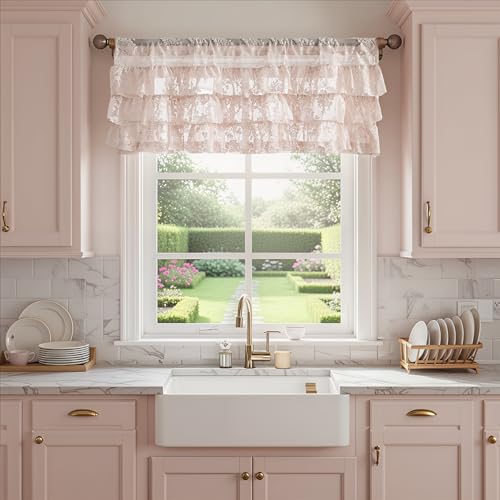 Kotile Blush Pink Ruffle Lace Valance for Windows W52 x L18 Inch, 1 Panel | Rod Pocket, Gathered Lace Adds Depth, Softens Sun, Vintage Rustic Floral, Coquette Style, Petite Layered Edge, Privacy - color: Blush Pink - Ruffle Lace