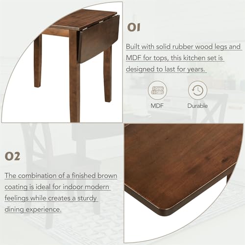 3Pcs Dining Set with Drop Leaf Dining Table and 2 X-Back Chairs, Solid Wood Kitchen Table Set for Small Place (Brown) - color: Brown