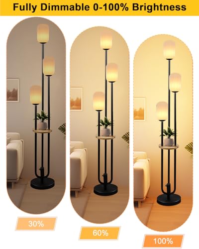 Lightdot Black Dimmable Floor Lamp with Shelf Modern Floor Lamps with Oval Striped Lampshade & Bulb Included 3-Lights Tall Lamp with 5Lbs Heavy Base for Living Room/Bedroom/Sofa Beside/Corner Decor