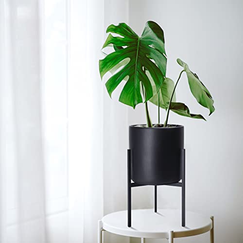 D'vine Dev Cylinder Planter Pot with Metal Stand, Black, 8 in, 96-T-B-1 | Durable Fiberclay Construction, Sleek Modern Design, Heavy-Duty Iron Stand, Drainage Hole & Saucer, Elegant Indoor Display - color: Black, size: Small 8 Inch