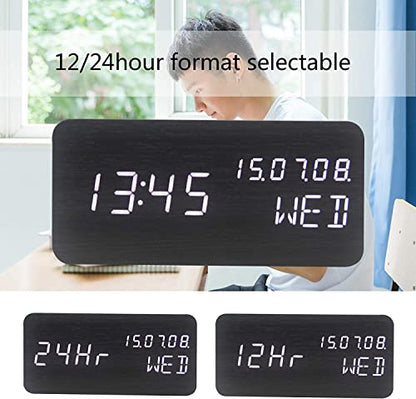 Wood Digital Alarm Clock Desk Time, Date(MM/DD/YY), Day of The Week, Temperature, Nightlight Large LED Display Portable Lamp Bedroom, Office, School, Home, Livingroom, Room (Black) - color: Black
