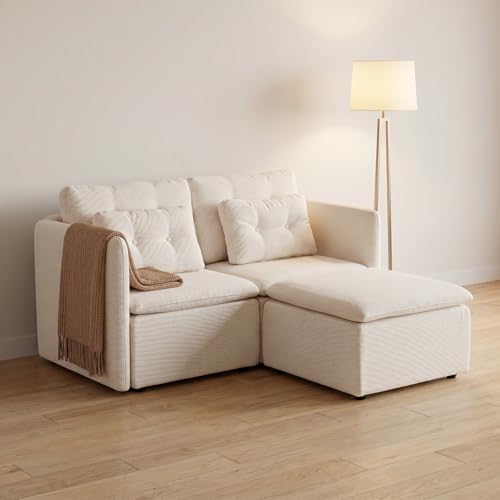 HNY 56.5" Modern Loveseat Sofa, Beige | 2-Seat Button Tufted Love Seat, Deep Seat Chenille Fabric With Pillow, Small Couch for Bedroom, Apartment, Home Furniture - color: Beige, size: 2 Seater-L Shape
