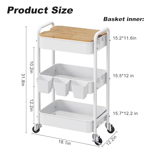3 Tier Rolling Cart with Wood Table Top, White Bedside Cart on Lockable Wheels, Metal Utility Storage Organizer Carts for Kitchen, Art, Craft, Nail, Salon, Lash, Nursery, Bathroom, Baby Diaper Caddy - color: White