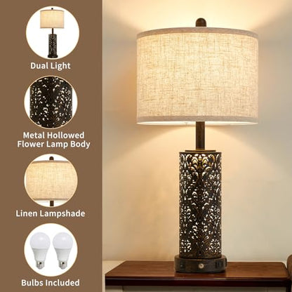SAIWEYA 26" Set of 2 Farmhouse Table Lamp for Bedroom, Dimmable Touch | 3 Way Dimmable, 2 USB Ports + AC Outlet Bedside Lamp for Nightstand, LED Bulb Included, Fabric Shade, Flower Metal Body - color: White-26in 2 Pack