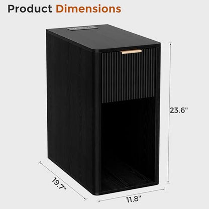 Homleke Narrow End Table with Fluted Drawer & Charging Station | Compact Nightstand with USB Ports & Outlets, Bedside Table for Bedroom, Living Room, Modern Accent Table, Black - color: Black