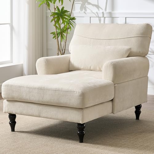 Chaise Lounge Chair Indoor Bedroom, Comfy Lounge Chair with Wide Armrest & Backrest for Small Space, Thick Cushion, High-Density Foam, Waist Pillow, Chenille (White) - color: White