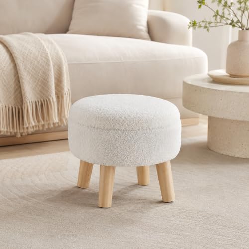 Simple Deluxe 13" Round Storage Ottoman with Wooden Legs & Dual-Use Tray Lid, Fluffy Teddy Boucle Ottoman Footstool for Bedroom, Living Room & Vanity, Beige - color: Beige