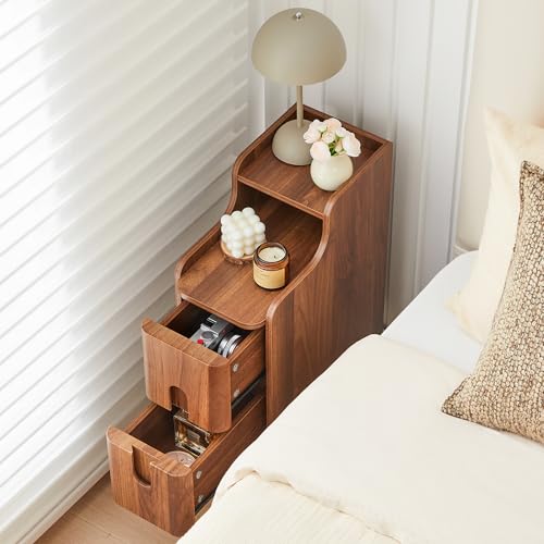 Narrow Nightstand Set of 2, Wood 2 Drawer Small Nightstand, Slim Side Table, Modern Skinny End Bedside Table, Natural Wood Night Stand with Drawers for Bedroom (Walnut-2 pcs) - color: Walnut-2 Pcs