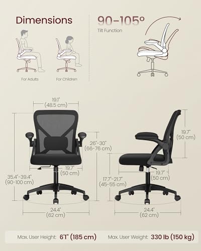 VASAGLE Office Chair, Ergonomic Mesh with Adjustable Lumbar Support | Computer desk chair with 90-105° tilt function, wide seat, flip-up armrests, Ink Black UOBN045BH01S - color: Ink Black, size: Set of 1, style: Office Chair Without Headrest
