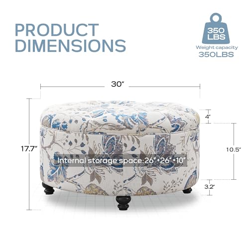 HUIMO 30-Inch Round Storage Ottoman, Button Tufted Ottoman(Blue Flower) | Ottoman Coffee Table with Removable Top, Upholstered Ottoman with Storage, Footrest Stool for Living Room, Bedroom and Office - color: Blue Flower