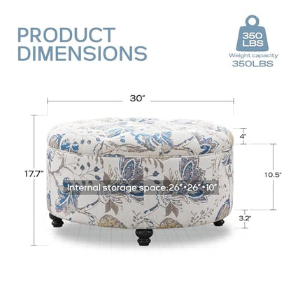 HUIMO 30-Inch Round Storage Ottoman, Button Tufted Ottoman(Blue Flower) | Ottoman Coffee Table with Removable Top, Upholstered Ottoman with Storage, Footrest Stool for Living Room, Bedroom and Office - color: Blue Flower