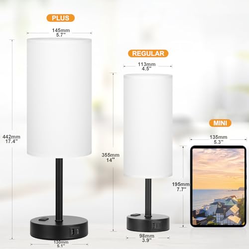 Touch Bedside Table Lamps Set of 2 - Bedroom Lamp with USB A+C, AC Outlet | 3-Way Dimmable, LED Bulb Included, White Fabric Lampshade, Matte Black Metal Base & Pole,17" Tall Nightstand Lamp for Desk - color: White Shade Black Base, size: 17.4In