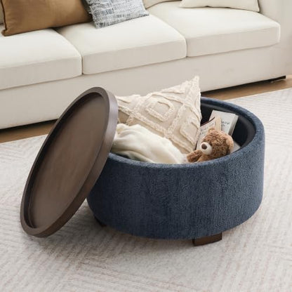 Zihanhome 30" Round Storage Ottoman Coffee Table with Removable Tray Top, Large Hidden Storage Ottoman, Solid Wood Legs for Living Room, Bedroom, Apartment (Blue Striped) - color: Blue Striped