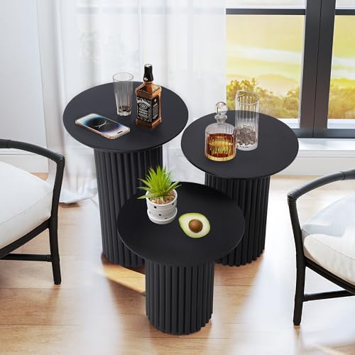 Bifins Black Round Nesting Coffee Table Set of 3 | Coffee and End Table Set,Fluted,Nesting Side Table,Drink Table,End Table,Plant Stand,Mid Century Modern,Nested - color: Black