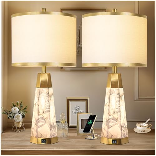KIVDITZO 27" Alabaster Table Lamps Set of 2 for Bedroom with Night Light | Bedside Lamps with White Linen Shade, Nightstand Table Lamp with USB A+C Port, for Living Room Office (Bulbs Included) - color: Gold