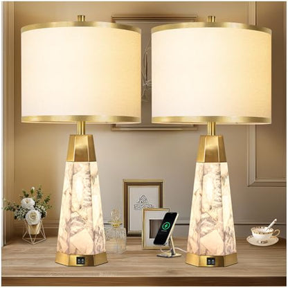 KIVDITZO 27" Alabaster Table Lamps Set of 2 for Bedroom with Night Light | Bedside Lamps with White Linen Shade, Nightstand Table Lamp with USB A+C Port, for Living Room Office (Bulbs Included) - color: Gold