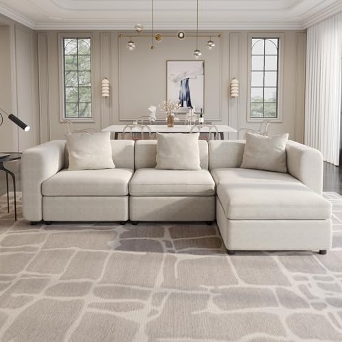 Velvet Sectional Sofa with 3 Pillows and Storage Ottoman, Convertible L-Shaped Couch with Cushions, 4 Seaters Couch for Living Room, Beige 103.5" L - size: 4 Seaters(With Ottoman)