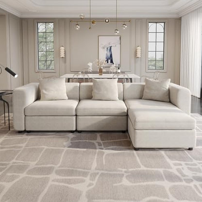 Velvet Sectional Sofa with 3 Pillows and Storage Ottoman, Convertible L-Shaped Couch with Cushions, 4 Seaters Couch for Living Room, Beige 103.5" L - size: 4 Seaters(With Ottoman)