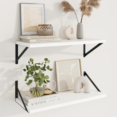 Deep Floating Shelves, 24'' x 10'' White Wall Shelves Set of 2 | 10 Inch Deep Shelves with Heavy Duty Brackets, Rustic Wood Shelves for Bathroom Living Room, Engineered Wood, 40LBS - color: White, size: 24W x 10D