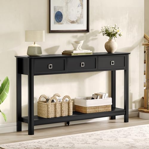Treocho 53.1" Console Table with 3 Drawers, Sofa Table Behind Couch, 2 Tier | Long Entryway Table with Storage, Modern, For Hallway, Living Room, Black - color: Black