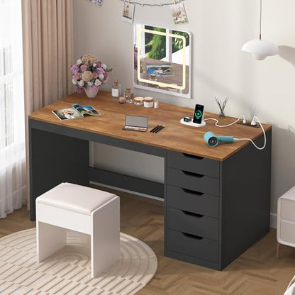 47 Inch Computer Desk with 5 Drawers and Power Outlets for Small Spaces | Home Office Desks with Storage File Cabinet and Charging Station, Modern Simple Laptop Desk Writing Table, Brown and Black - color: Brown and Black