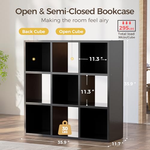 COMHOMA 9 Wood Cube Storage Organizer with Open Back and Removable Back Panels, 11In Black Cube Storage Bookshelf, Cubicle Shelf Bookcase for Home Office Bedroom Living Room, Vertical or Horizontal - color: 9 Cube Black