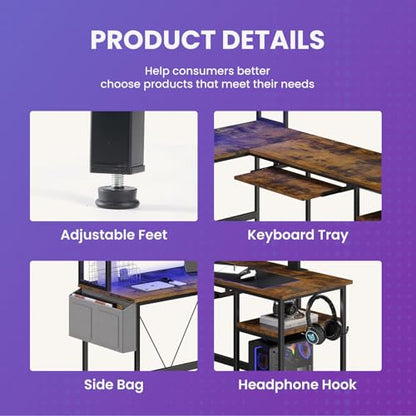 DUMOS 67" L Shaped Gaming Desk, Reversible Computer Desks with LED Lighting, Corner Desk for Compact Spaces with Keyboard Tray & Storage Shelf, Metal Frame PC Gaming Table for Home Office,Rustic Brown