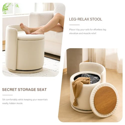 360° Swivel Makeup Chair with Storage, Upholstered Accent Stool with Back, Round Vanity Stool Ottoman for Living Room, Makeup Room, Bedroom (Cream) - color: Cream