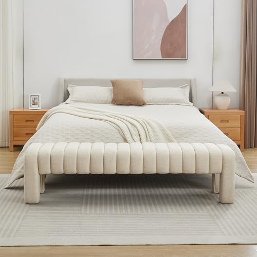 63" Bedroom Bench, Upholstered Entryway Bench, Modern End of Bed Ottoman with Solid Wood Legs and Adjustable Foot Pegs for Entryway, Dining Room and Living Room (Beige Linen) - color: Beige Linen, size: 63"