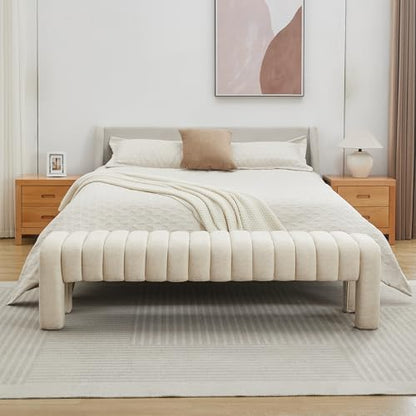 63" Bedroom Bench, Upholstered Entryway Bench, Modern End of Bed Ottoman with Solid Wood Legs and Adjustable Foot Pegs for Entryway, Dining Room and Living Room (Beige Linen) - color: Beige Linen, size: 63"