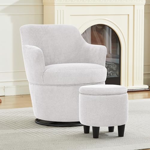 LOULENS Swivel Accent Chair with Storage Ottoman, Light Grey | Linen, Small, Barrel, Reading Chair, Vanity Chair, Comfy Single Sofa, Armchair, for Living Room, Bedroom - color: Light Grey