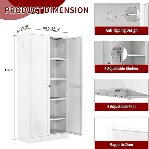AQY Kitchen Pantry Cabinet,61" White Pantry Storage Cabinet with 4 Tier Adjustable Shelves and 2 Doors,Freestanding Cupboard,Metal Pantry Cabinets with Handle for Living Room Kitchen Assembly Required - color: White, style: H61" - 2 Doors Hooks & Vents
