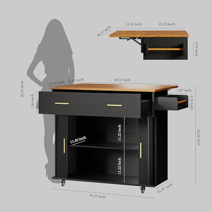 DHH Rolling Kitchen Island with Drop Leaf Countertop&Ample Storage - 39.4" Small Mobile Kitchen Cart On Wheels with Sliding Door,Drawers,Spice Rack & 2-Tier Storage(Black) - color: Black
