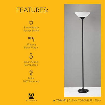 Adesso Dual-Socket Floor Lamp, Black & Frosted White, 3-Way, 71” - color: Black