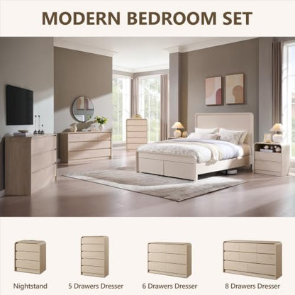 Aitjunz 25" Tall Modern Nightstand with Charging Station, 3 Drawers, Cream | 23.6'' Wide Wood Bedside Table with Curved Profile Design, Large Mid Century End Table for Living Room, Bedroom - color: Cream