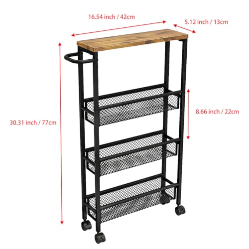 Slim Rolling Cart 4 Tier Narrow Storage Cart on Wheels with Handle | Lockable Wheels, Wood Top Panel, Metal Frame Utility Carts for Kitchen, Dining, Living, Home Office, Laundry Room - size: 16.54 x 5.12 x 30.31 inch