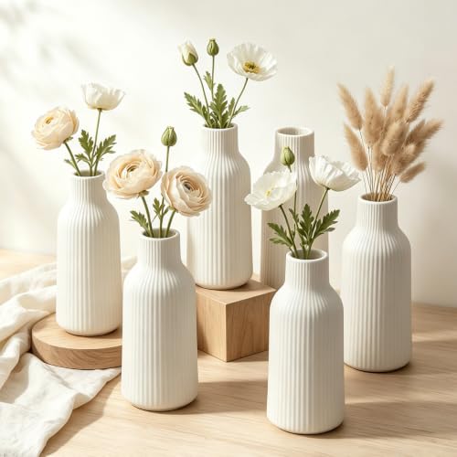 6 Pack White Ceramic Flower Vases, Small Modern Matte Cylinder Vases with 3D Vertical Ribbed Texture for Centerpieces, Farmhouse Decor, Wedding Table Decor, Boho Home Accent