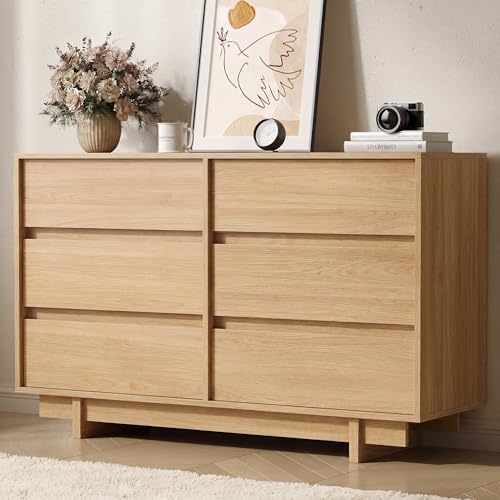 6 Drawer Oak Dresser for Bedroom, 47" Wide Mid Century Modern Dresser | Dresser with Sleek Handleless Design, Wooden Large Chest of Drawers with Elevated Base for Bedroom, Living Room - color: Oak, size: 15.7"D x 47.2"W x 31.5"H (6 Drawers)
