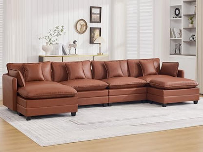 147'' Sectional Cloud Deep Seat Couch, Oversized Leather U Shaped Sectional Sofa for Living Room Set, Comfy Upholstered Modular Sectional Sofa Couch with Movable Ottoman, Leather Brown - color: Pu-dark Brown, size: 147'' U Shape