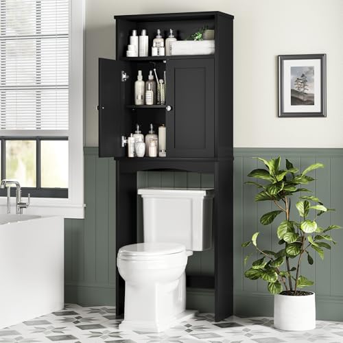 Over The Toilet Storage Cabinet, Over The Toilet Storage with Adjustable Shelf and Double Doors, Above Toilet Storage Cabinet for Bathroom Storage Over Toilet Bathroom Organizer (Black) - color: Black