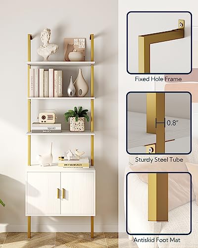 Yusong 73" Tall Bookshelf with Cabinet, Industrial Ladder Wall Mount Shelf Bookcase with Wood and Metal Frame, Plant Shelf Wall Storage Display for Living Room Bedroom, White Gold - color: White