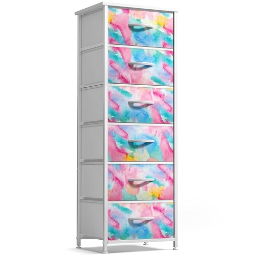 Sorbus Dresser Storage Tower, Organizer Drawers for Closet Boys & Girls Bedroom, Bedside Furniture, Chest for Home, College Dorm, Steel Frame, Wood Top, Tie-dye Fabric Bins (4-Drawer, Pastel Tie-dye) - color: Rainbow Sparkle, style: 6 Drawer