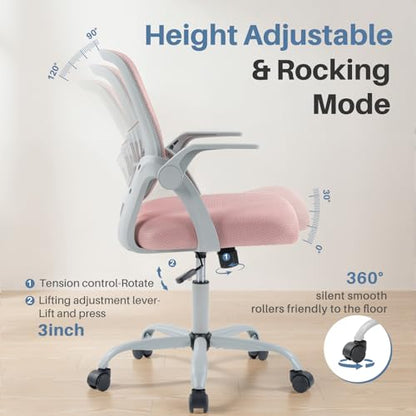 DUMOS Office Chair, Ergonomic Home Desk Chair, Ergonomic Lumbar Support | Height Adjustable, Flip-up Armrest, Rocking Mode, 360 Swivel, Conference Room, Pink - color: Pink Flip Arm