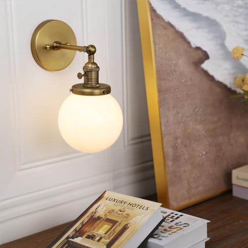 Hardwired Wall Sconce with White Globe, Brass Bathroom Vanity Light with On Off Switch, Vintage Wall Light Fixtures for Living Room Loft Hallway