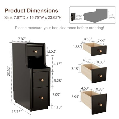 Solid Wood Narrow Nightstand with 3 Drawers,Modern Black,Fully Assembled | Narrow night stand,gold handles,open Shelf,skinny bedside table,slim nightstand for bedroom storage,space-saving storage - color: Black（15.75"d X 7.87"w X 23.62"h）