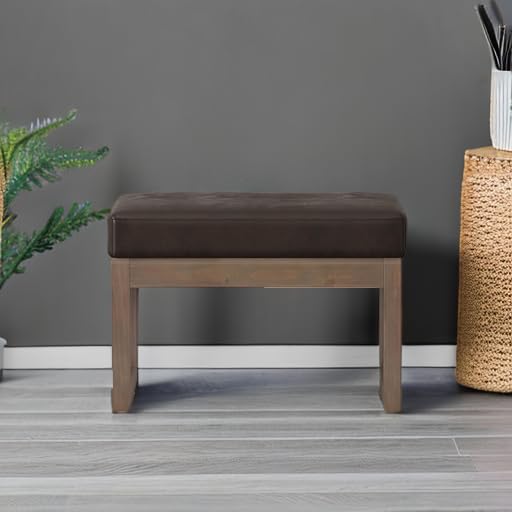 SIMPLIHOME Milltown 27" Wide Vegan Leather Ottoman in Distressed Brown | Contemporary ottoman with a cushioned seat for bedroom seating; rectangle footstool, footrest or bench. - color: Distressed Brown, style: Small Ottoman Bench
