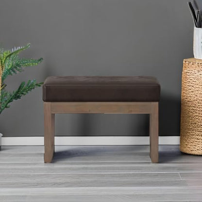 SIMPLIHOME Milltown 27" Wide Vegan Leather Ottoman in Distressed Brown | Contemporary ottoman with a cushioned seat for bedroom seating; rectangle footstool, footrest or bench. - color: Distressed Brown, style: Small Ottoman Bench