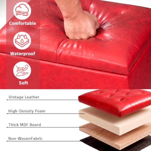 Leather Storage Ottoman, 24" Rectangle Square Bench Foot Rest Stool for Bedroom Living Room, Red - color: Red