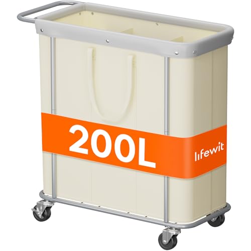Lifewit 200L Rolling Laundry Basket with Steel Frame, Removable Bag, White | 3 Section Laundry Hamper with Rubber Wheels, Waterproof Large Laundry Cart, Sturdy Steel Base for Luandry Room, Bedroom - color: White, size: 200L